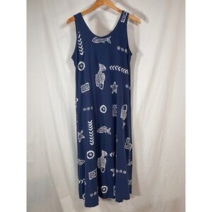 Jostar Vintage Navy Blue Fish Print Sleeveless Maxi Dress Made in USA Women L